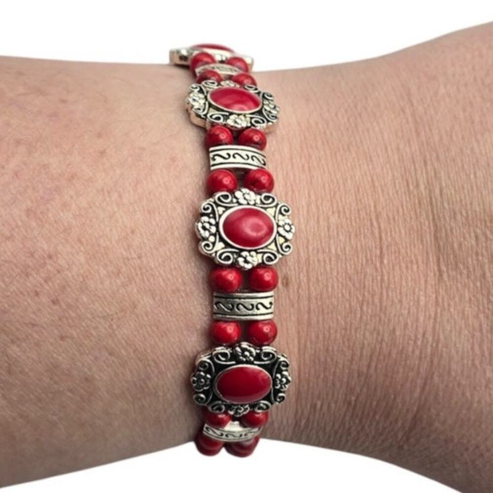 Red Beaded Floral Bracelet Silver Scroll Accents – Boho Southwestern Style